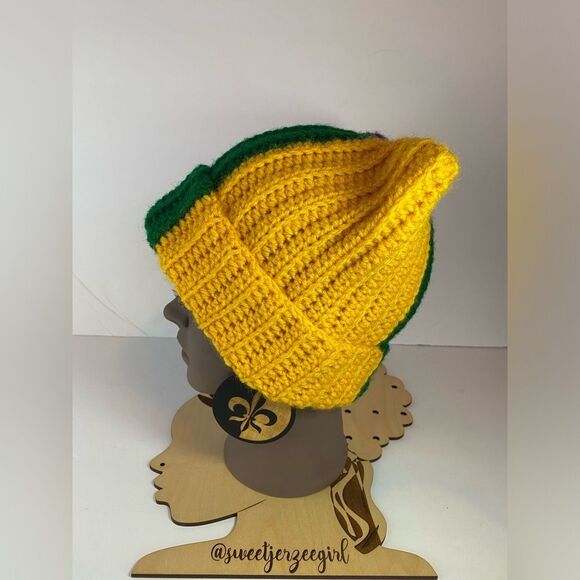 Purple Green & Gold Mardi Gras Colors Handmade Crochet Cat Ear Beanie Hat - Picture 9 of 10